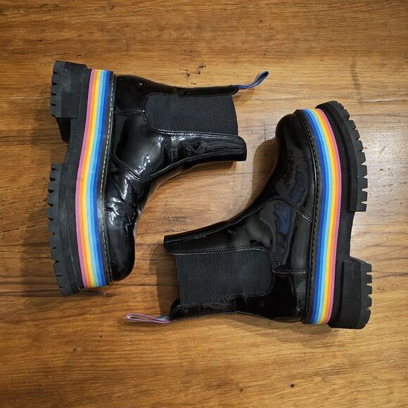 Kurt Geiger London Sz 37 Rainbow Birdie Platform Chelsea Boots Black Patent - Picture 9 of 10